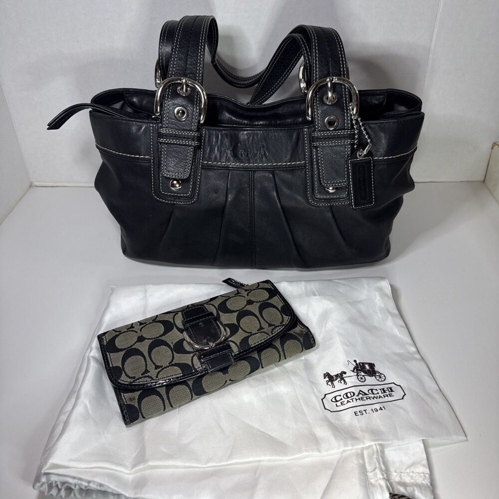 Coach F13732 Vintage Y2K Soho Black Pleated Leather Shoulder Bag Purse & Wallet